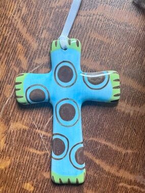 Blue and Green Polka Dot Ceramic Cross Ornament